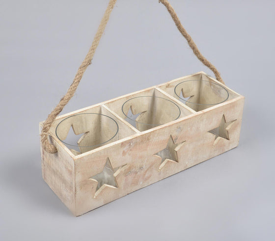 Farmhouse Distress White Wood & Jute Star Hanging Candle Holder