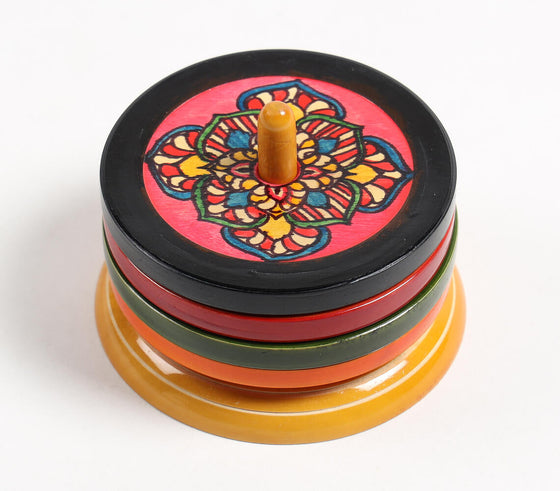 Hand Painted & Turned Wooden Channapatna Coasters with Stand (set of 4)