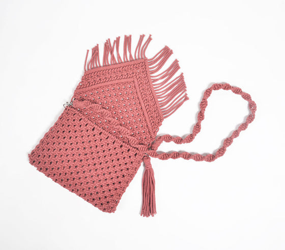 Macrame Cotton Red Sling Bag with Removable Strap