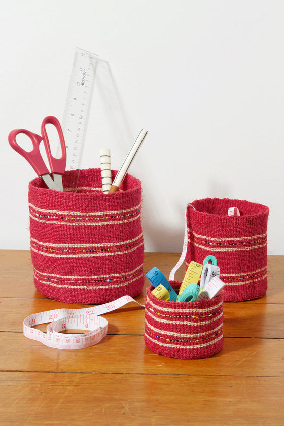 Cherry Petite Set of Three Sisal Baskets with Colorful Beads